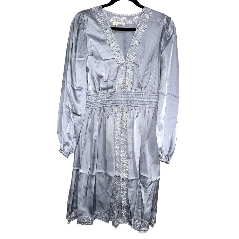 Lovestitch  Women's Long Sleeve Embroidered Lace Trim Dress Light Gray Polyester
